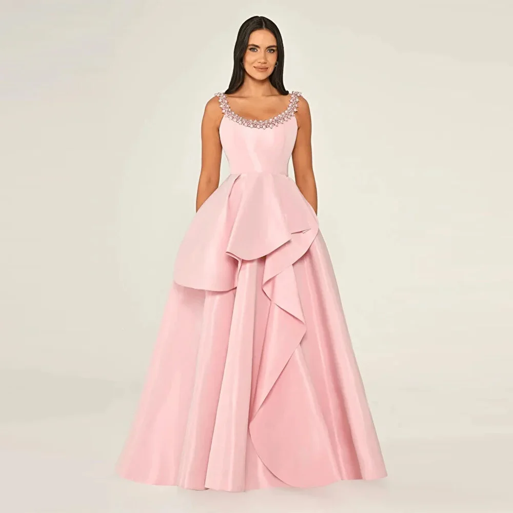 

Elegant Scoop Sleeveless Customized Celebrity Gowns Temperament Backless Evening Dress Delicate Pearls A-Line Vestido De Noche