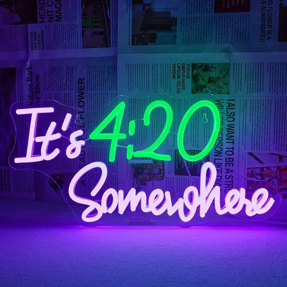 Art Deco Style Neon Sign It's 4:20 Somewhere-Acrylic LED Wall Hanging with Green and Purple Lighting, USB Powered,for Home Decor