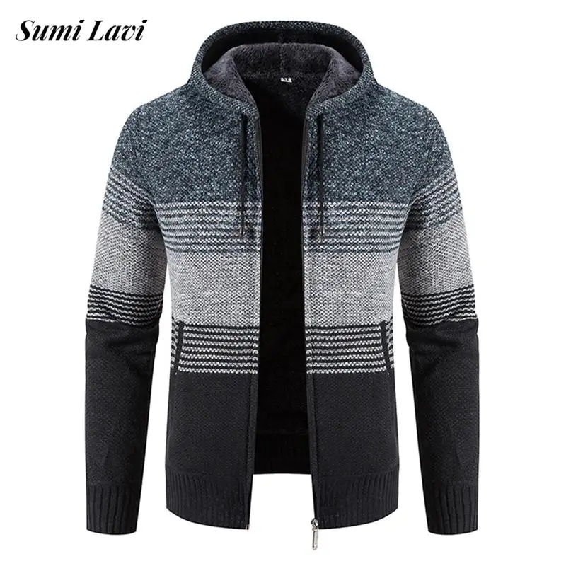 

Casual Mens Slim Sweater Jacket With Hooded Winter Outdoor Warm Fleece Lining Coats Men Knitwear Fashion Jacquard Knit Cardigans