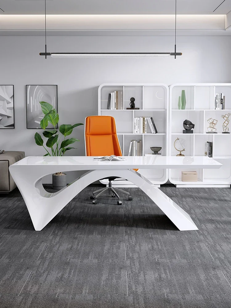 Fashionable white painted boss's office desk, minimalist modern desk and chair combination