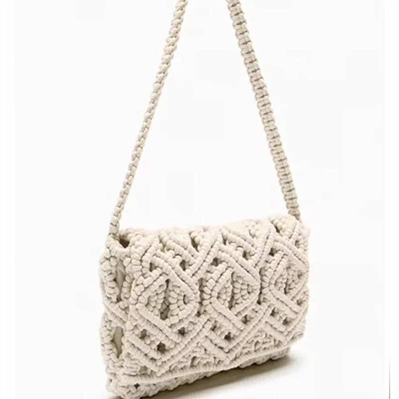 Rope Crochet Women Shoulder Bag Hollow Knitting Handbags Bohemian Woven Flap Handmade Square Tote Female Shopper Purses Clutch