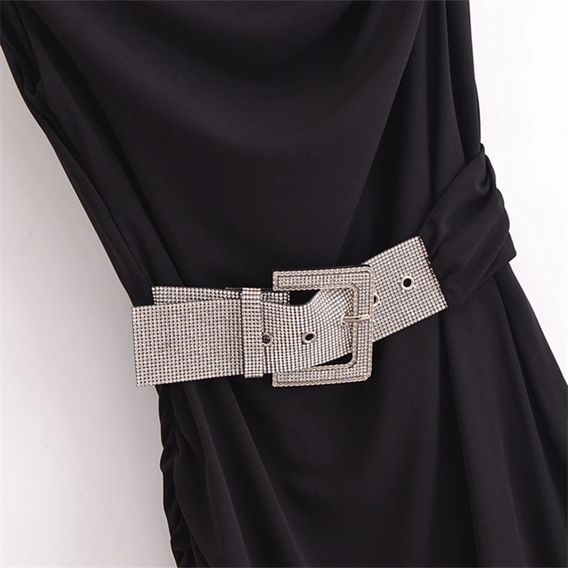 KEYANKETIAN 2025 New Synthetic diamond Belt Decoration Sleeveless Dress Elegant Fashion Women's Slim Black Pleats Mini Dresses