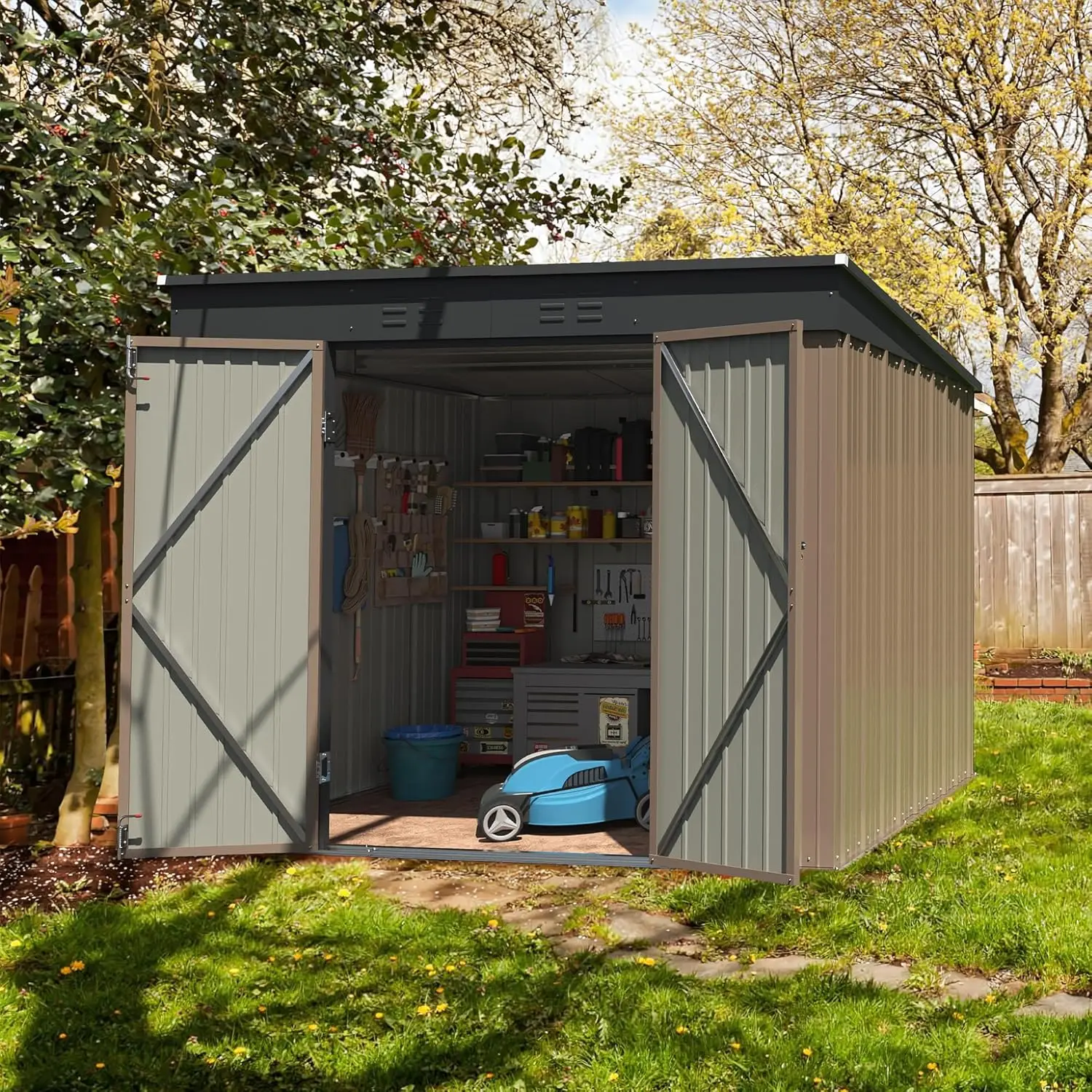 Cobertizo de almacenamiento al aire libre de 8 pies x 6 pies, herramienta de utilidad de acero, casa de almacenamiento con puerta y cerradura, cobertizo de Metal, almacenamiento al aire libre para patio trasero