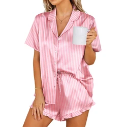 Ling Pink Striped Sweet Silk Pajamas Womens Short Sleeve Sleepwear 2 Pcs Satin Pjs Shorts Set Button Down Loungewear S-XXL