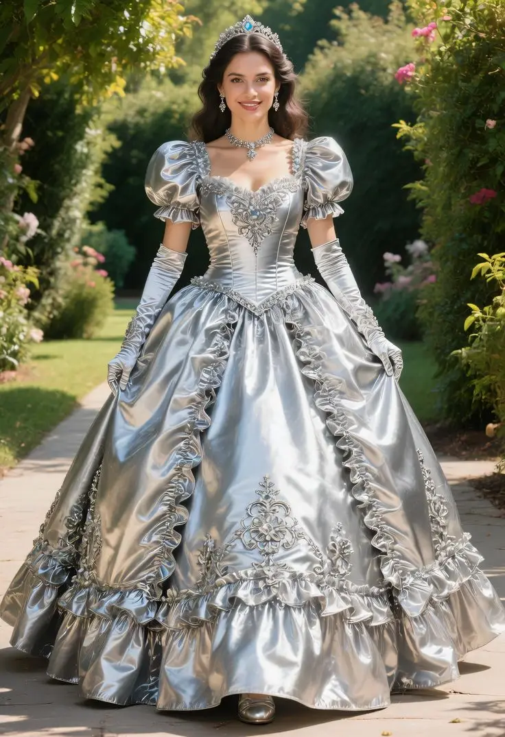 Luxury Silver Shiny Victorian Princess Prom Dresses Puffy Sleeve Corset Lace-up Ruched Evening Gala Gown Masquerade Customized