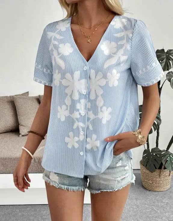 

2026 Summer New Women's V-neck Shirt Multi functional Office Commuter Printed Loose Shirt Top Women's Wear