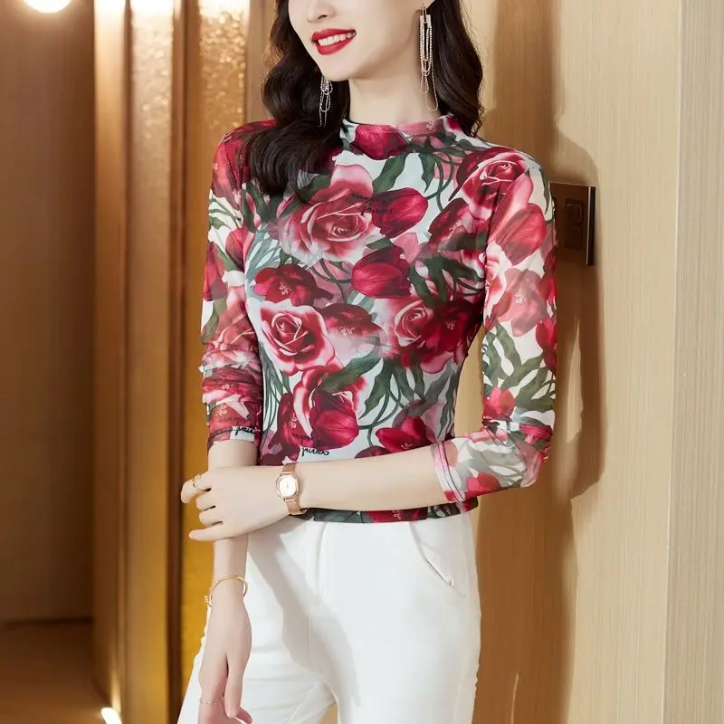 

2023 Autumn/Winter New Women's Printed Fashionable Long Sleeve Half High Collar Slim Elasticity Bottoming Office Lady Female Top