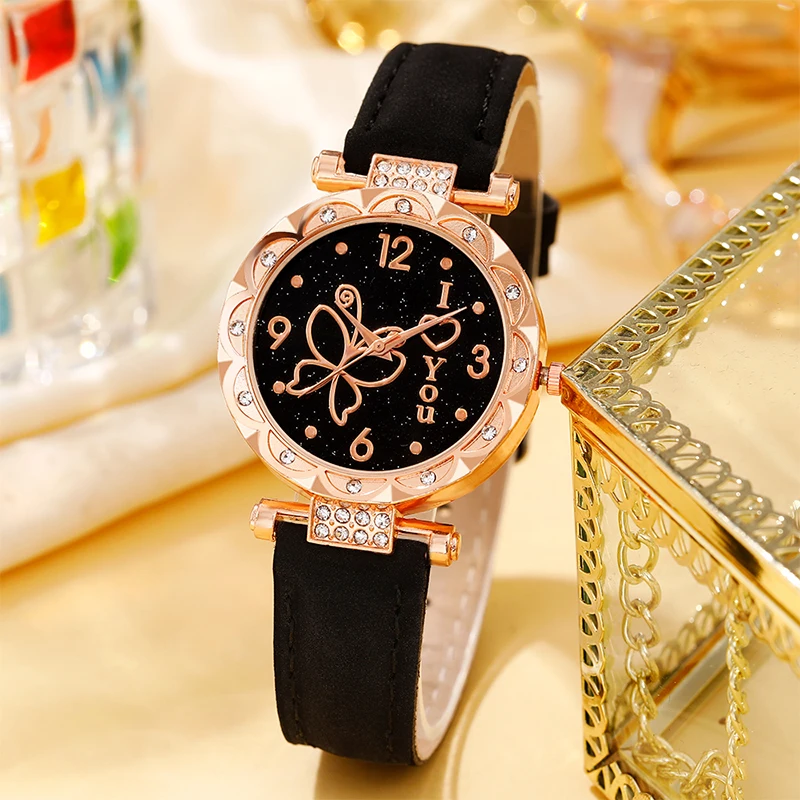 ساعة نسائية مع عناصر بسيطة، ساعة كوارتز بحزام من اللاتكس، مجموعة مجوهرات كهدية للفتيات