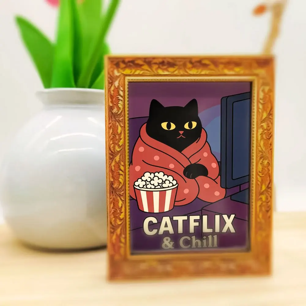 Catflix & Chill Black Cat Fridge Magnet, Mini Framed Art Magnet for Refrigerator, Kitchen Decor & Cat Lover Gift