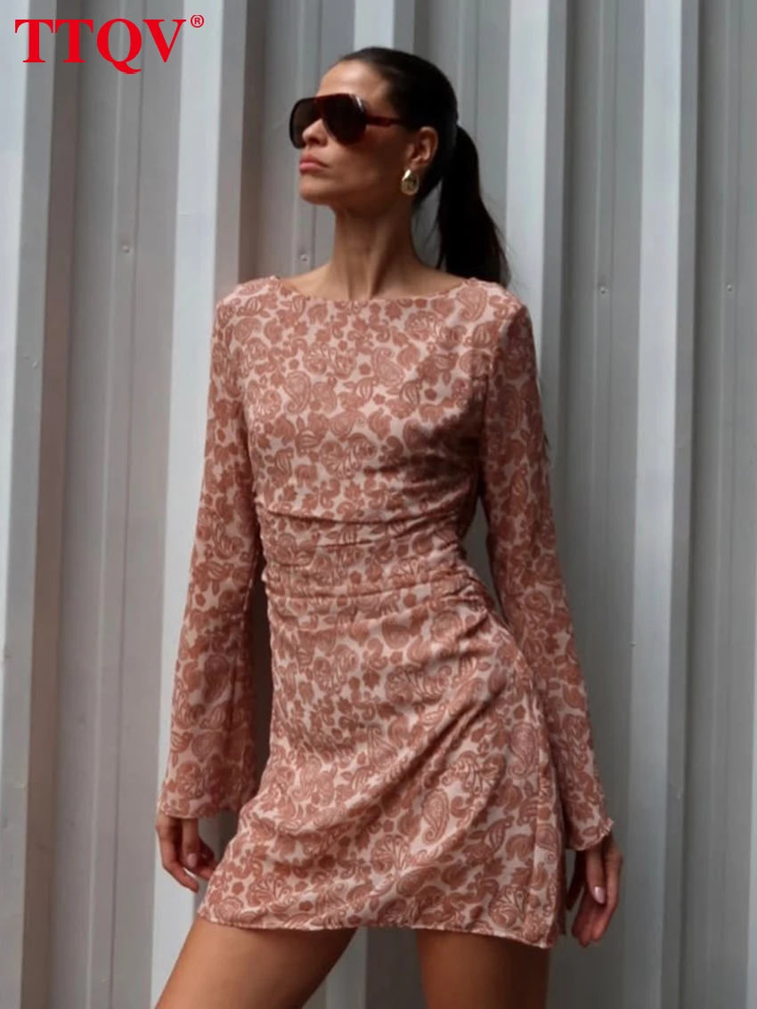 

TTQV Fashion Loose Print Women's Dress 2026 Spring O-Neck Long Sleeve Mini Dresses Elegant Classic Female Dress Streetwear