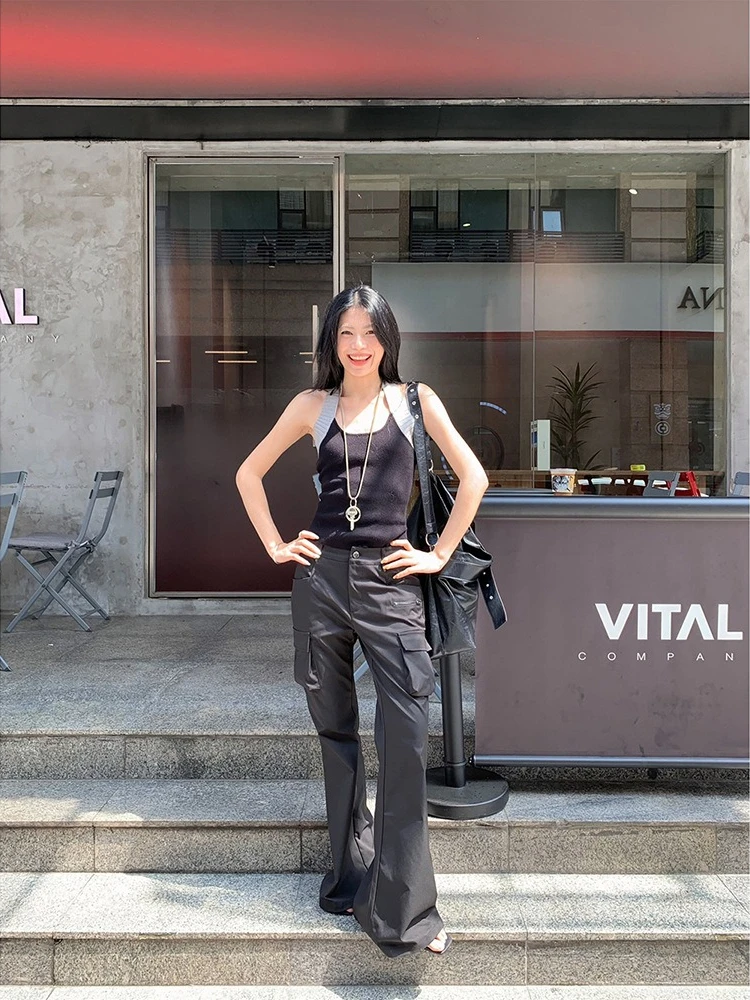 American Retro Cargo Workwear Pants Flared Hem Pants Women Y2k Multi Pocket Pants Wide Leg Casual Denim Trousers Streetwear 2025