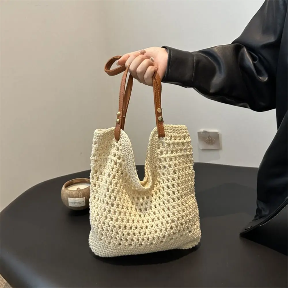 

Hollow Out Cotton Thread Woven Bag Tote Bag Bohemian Style Beach Bag Large Capacity Beach Handbag Hollow Shoulder Bag Holiday