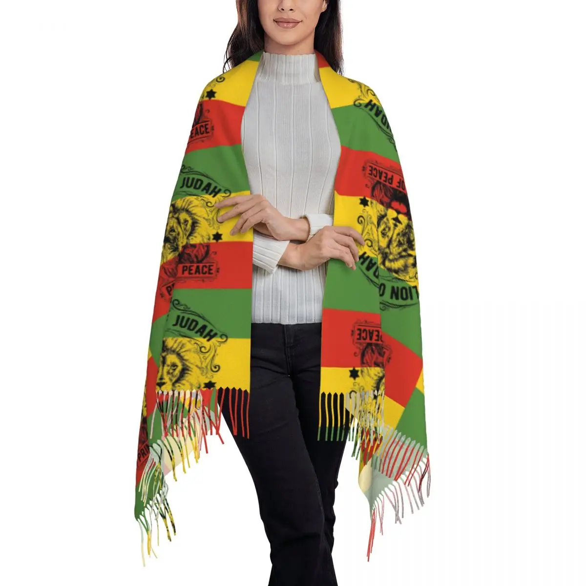 Lion Of Judah Rasta Jamaican Reggae Scarf Tassel Scarves Women Soft Warm Shawls and Wraps Long Fall Winter Shawl Wrap