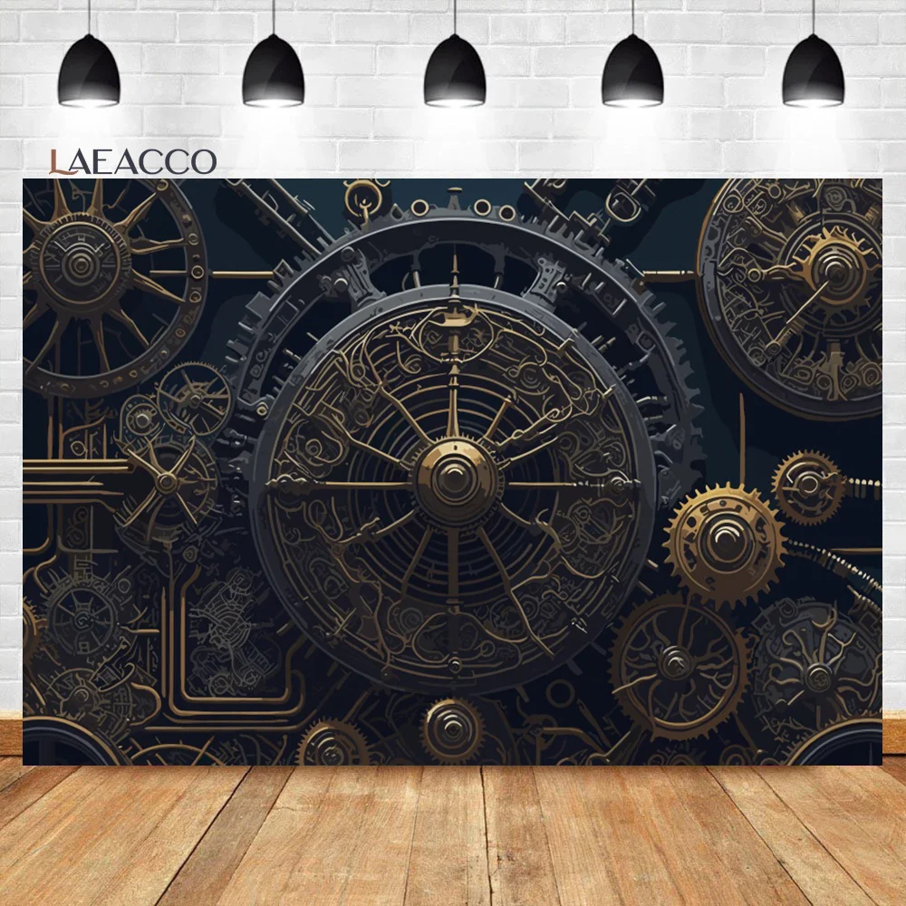 

Laeacco Retro Steampunk Backdrop Vintage Metallic Mechanical Bronze Clockwork Gears Metal Nostalgia Style Photography Background