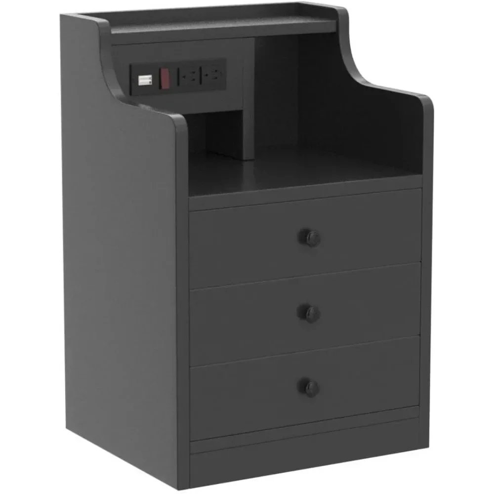 Customizable-Black Nightstand With Charging Station 3 Drawers, Wood Sofa End Side Table With USB Ports And Outlet, Bedside Table