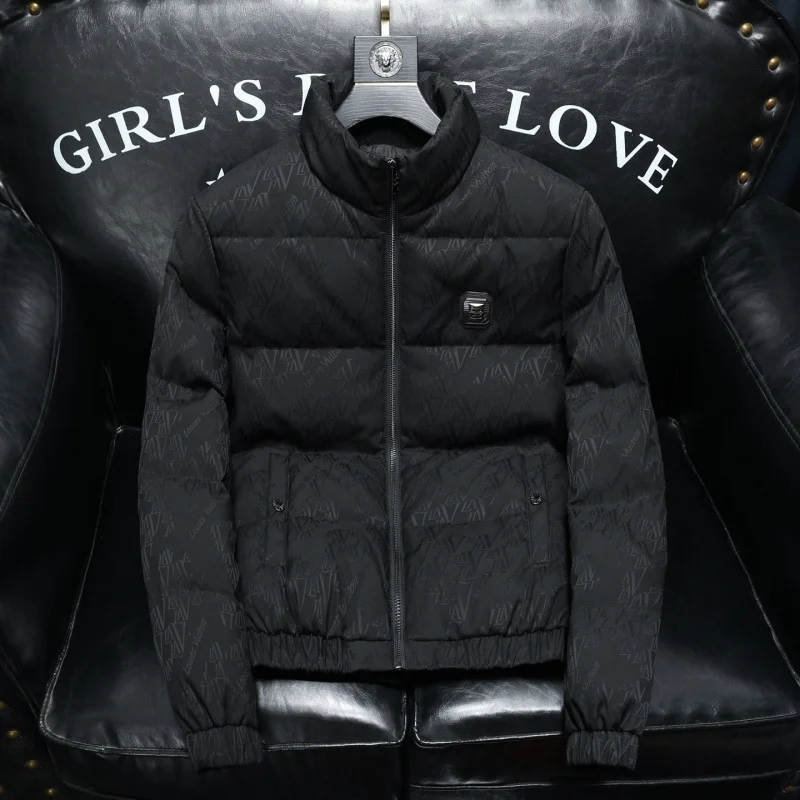 

Зимняя мужская пуховая куртка Slim Fit с воротником-стойкой, металлической нашивкой, европейский стиль, 90% белый пух