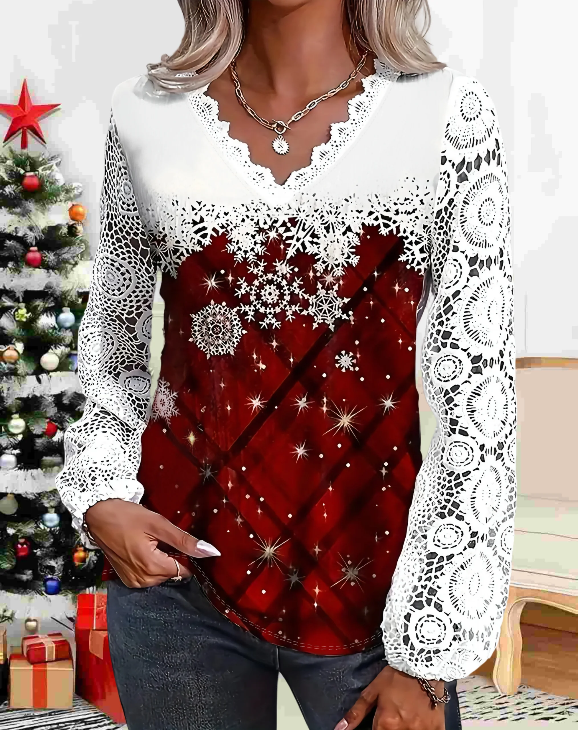 

Женская кружевная рождественская футболка больших размеров с рукавами-фонариками, кружевная футболка больших размеров с v-образным вырезом и рождественским принтом