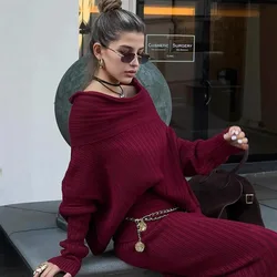 Burgundy Red Knitted Sweater Skirt Sets Women Off The Shoulder Pullover Elastic High Waist Skirts 2024 Autumn Solid Lady Outfits