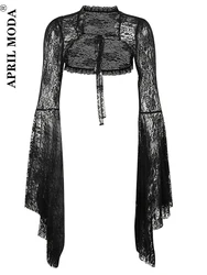 Women Black Lace Shrug Bolero Short Flare Sleeve Cropped Jacket Shrug for Wedding Evening Prom Gothic Costumes Aesthetic Tops