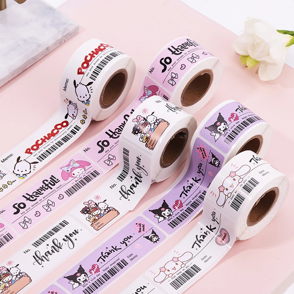 120pcs/Roll Cartoon Sanrio Stickers Kawaii Hello Kitty Kuromi My Melody Cartoon Thank You Sealing Labels Decoration Decals Toys