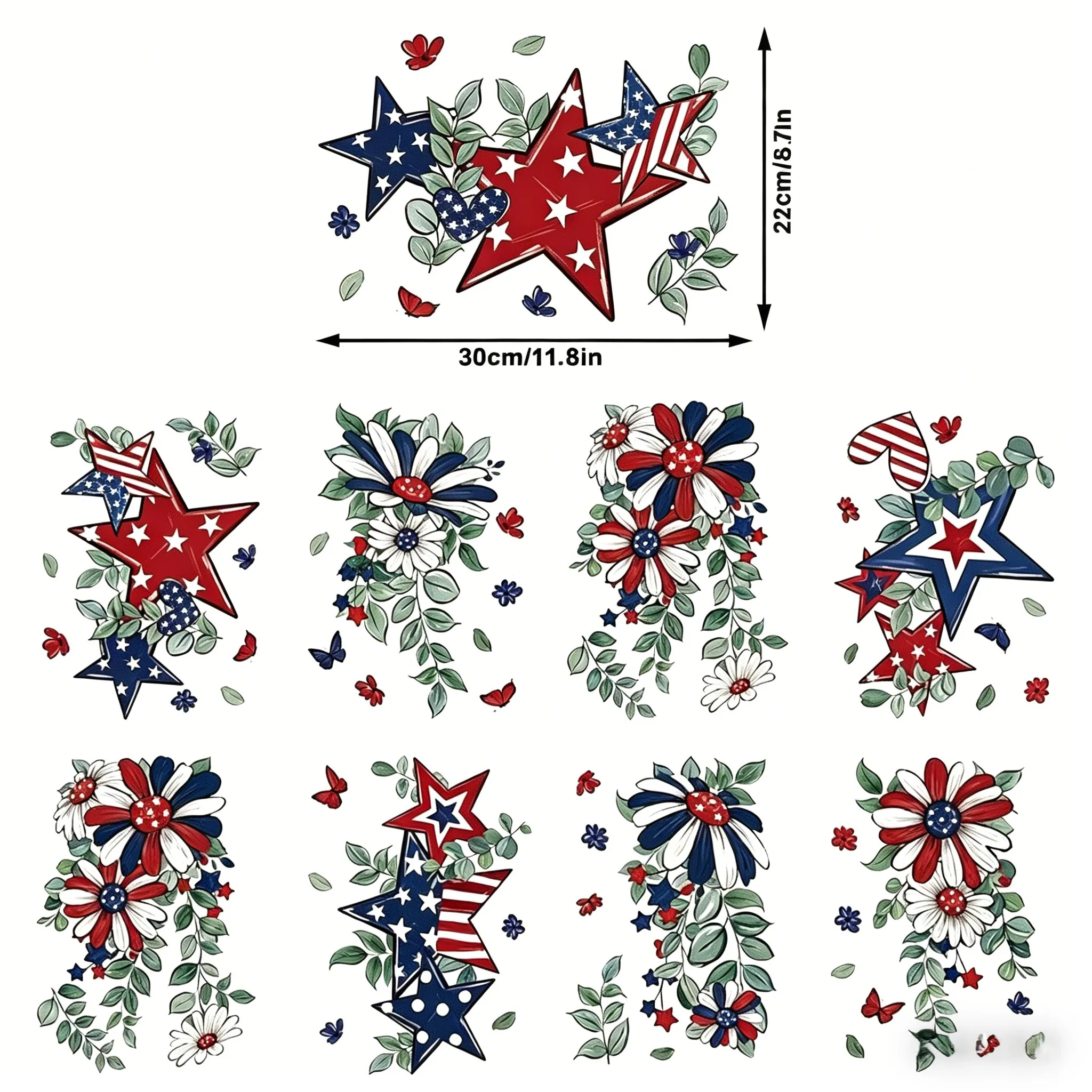 8 Patriotic Flower Window Clings Made from Waterproof PVC for Long Term Reuse on Smooth Glass and Mirror Surfaces
