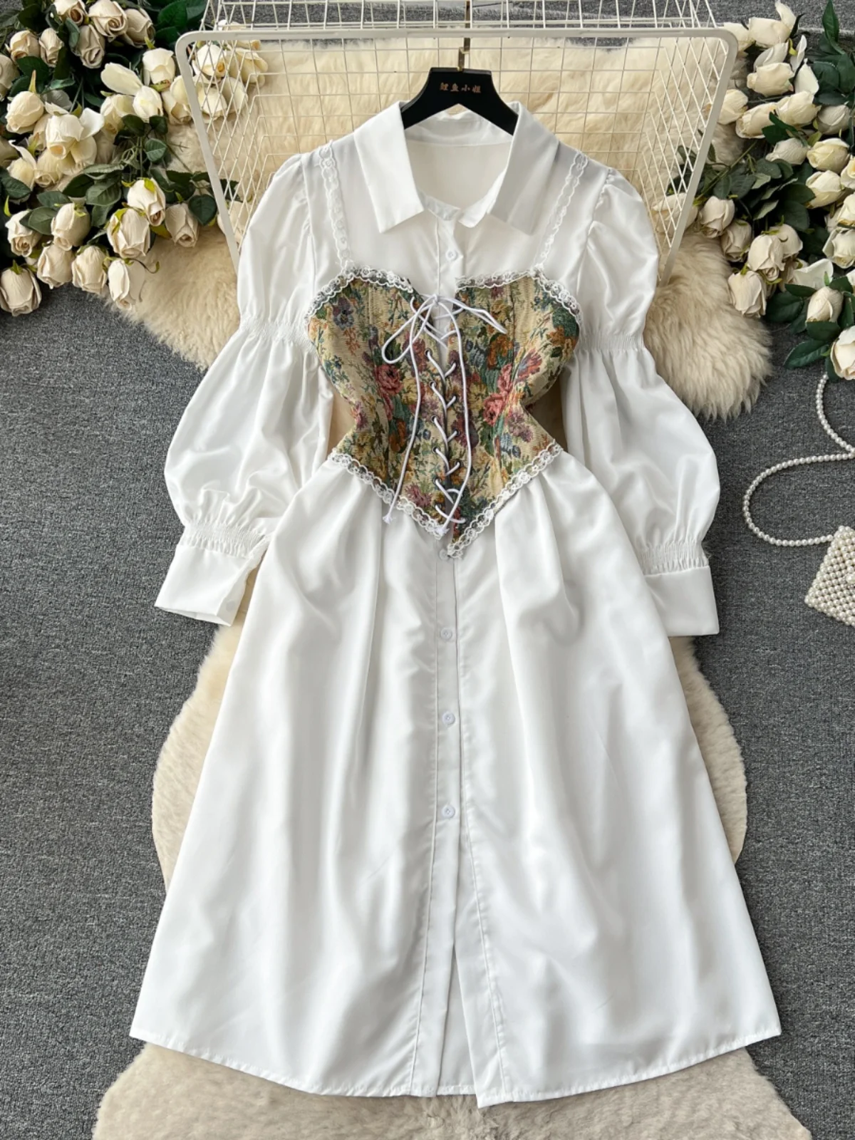 Early Autumn Light Court Style Bubble Sleeve Single Button Shirt Dress Strap Print  Vest Two Piece Set Women's Fashion