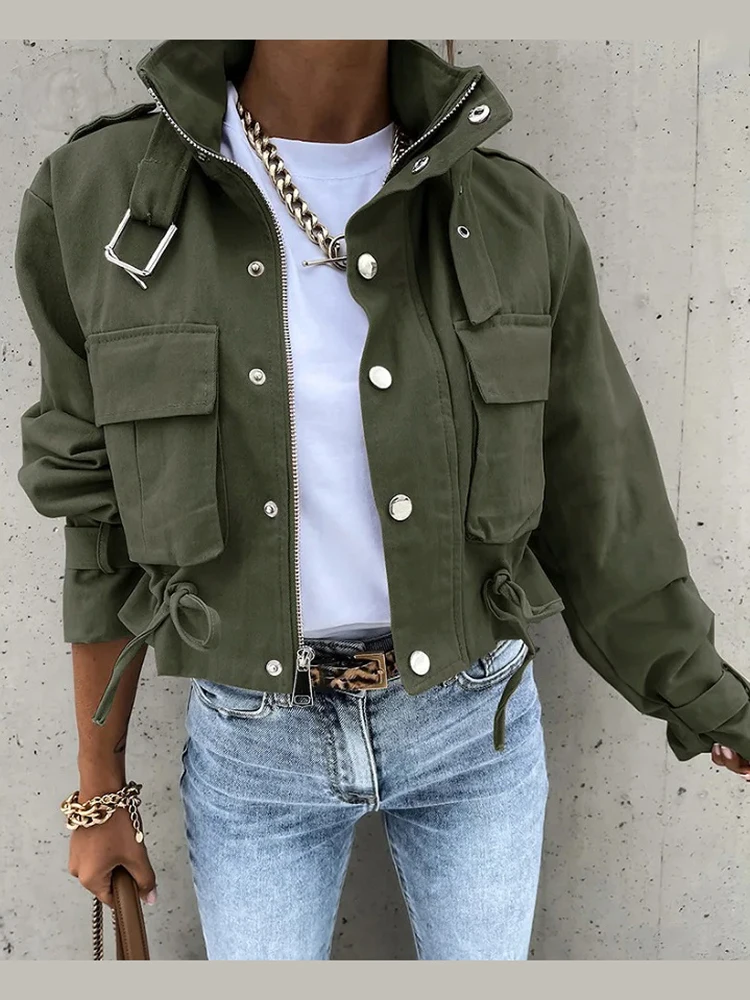 Vintage Damen Kurze Jacke mit Stehkragen, Reißverschluss, einreihig, Armeegrün, Utility-Mantel, 2026 Neue Herbst-Chic Cargo Streetwear-Jacken – Detail 2