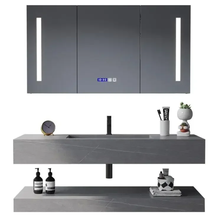 Modern Double Layers Wall Mount Wash Basin Cabinet Black Rock Slate Marble Sink Floating Bathroom Vanity