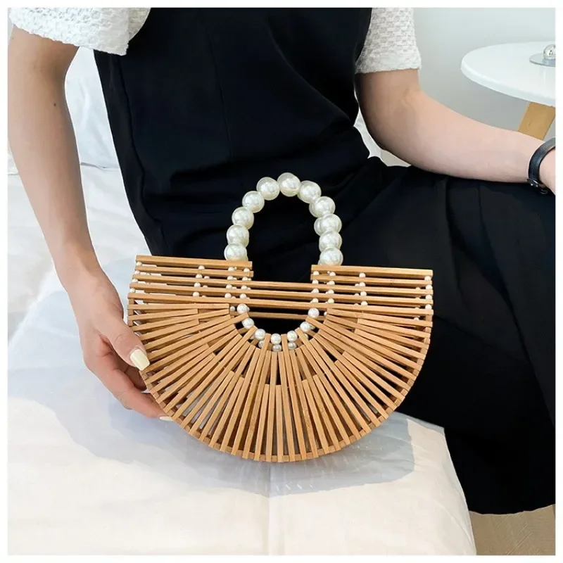 Bamboo Seeds Bag Woven Pearl Packet Women Summer Luxury Handbag Zinnia Seed Tote Expensive Hollow Out Braided Shopping Beach Bag