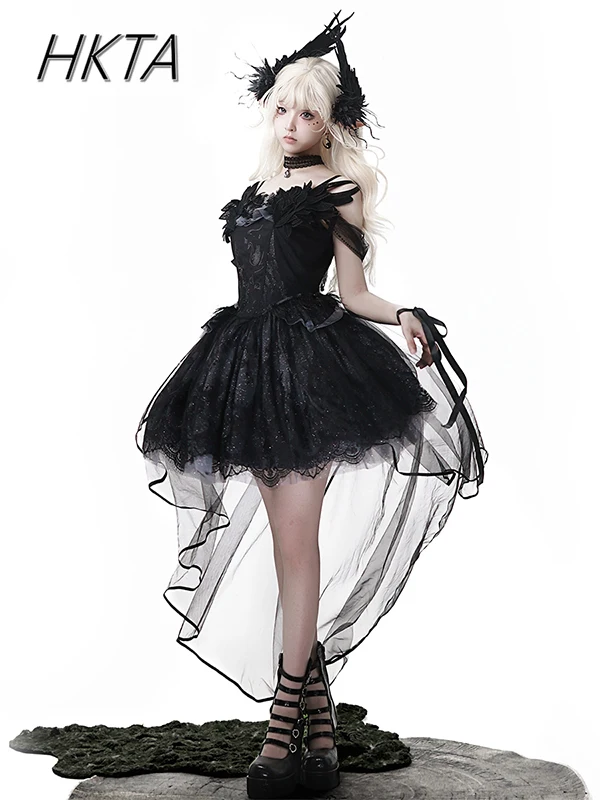 Sukienki Lolita z koronką, siateczką, szwami, na ramiączkach, damskie, w stylu dark, subkultura, letnie, wyszczuplające w talii, czarne, krótkie sukienki dla kobiet.