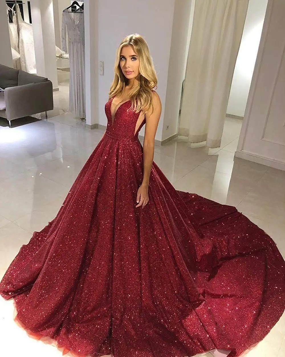 

Glittering Burgundy Sequin Evening Dresses Gold Party Prom Gowns V Neck Ball robes de soiree Girls Homecoming Formal Wear