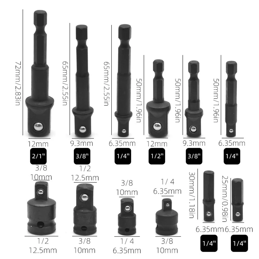 12pcs Socket Adapter And Reducer Set And Extension Set Socket Drill Adapter Nut Driver 1/4'' 3/8'' 1/2'' Black