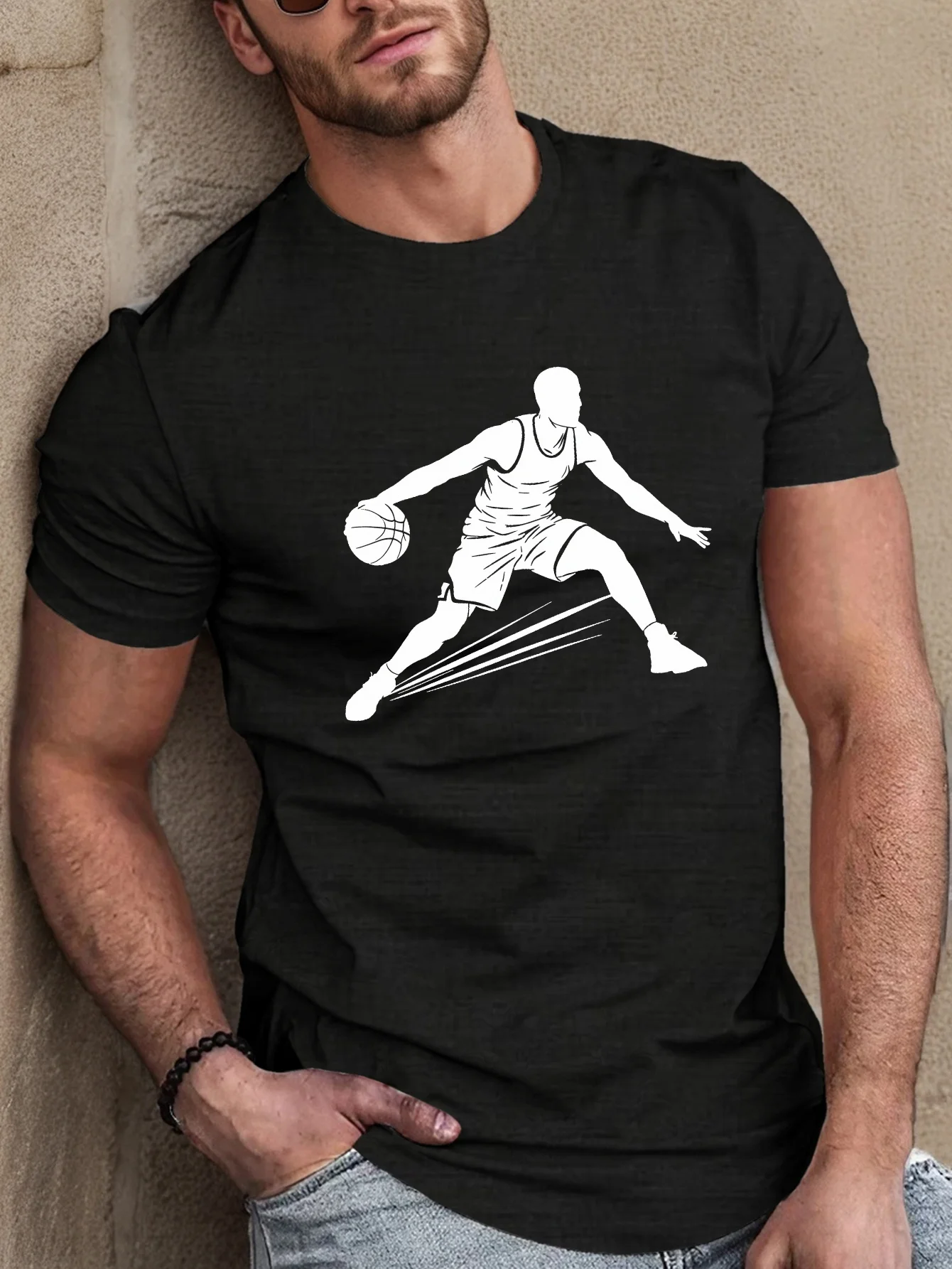 

Dynamic Basketball Dribbling Pose 100% Cotton Men’s Casual Tee Shirt - Summer Short Sleeve T-Shirt