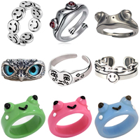 Cute Women Men Simple Design Rings Vintage Owl Frog Smiling Ring For Woman Girl Ancient Silver Color Retro Punk Jewelry Gift