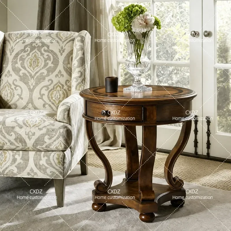 Rustic Solid Wood Side Table With Drawers Painted Round Edge Storage Sofa Coffee Table For Living Room Bedroom