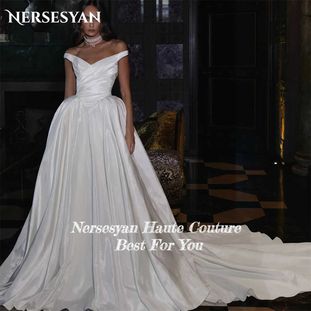 Nersesyan luxo brilhante cetim vestidos de casamento fora do ombro plissados princesa vestidos de noiva sem costas uma linha vestido de noiva personalizado