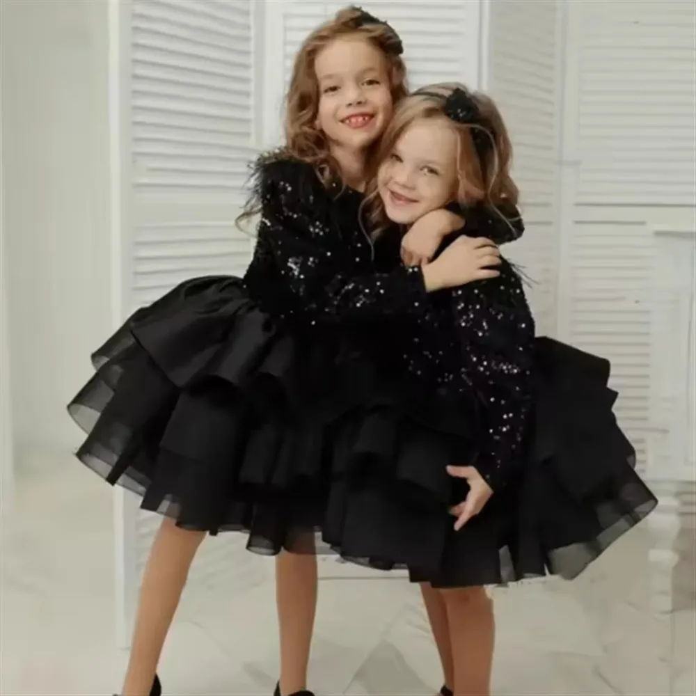 Abito da sposa per ragazza di fiore di lusso con volant nero con paillettes soffici strati per bambini, abito da festa di compleanno, abito da prima comunione personalizzato