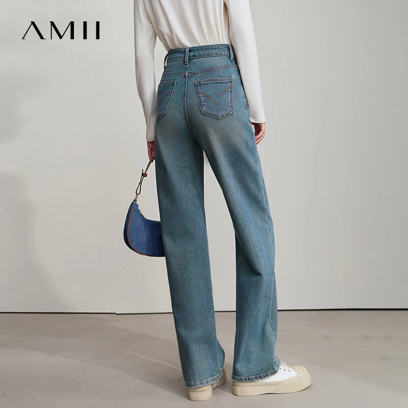 AMII Minimalist Blue Denim Pants For Women 2025 Autumn Fashion Lyocell Cotton High Waist Casual Jeans Women's Clothing 12523068