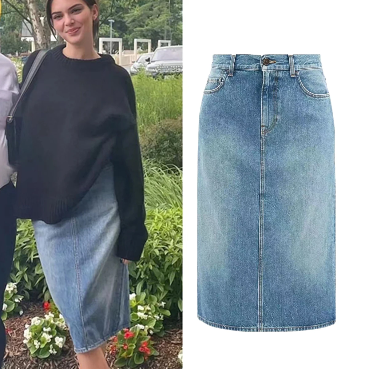 

Maxdutti French Minimalist Kento Style High Waist Back Slit Washed Blue Denim Long Skirt For Woman Faldas Skirts Female Clothing