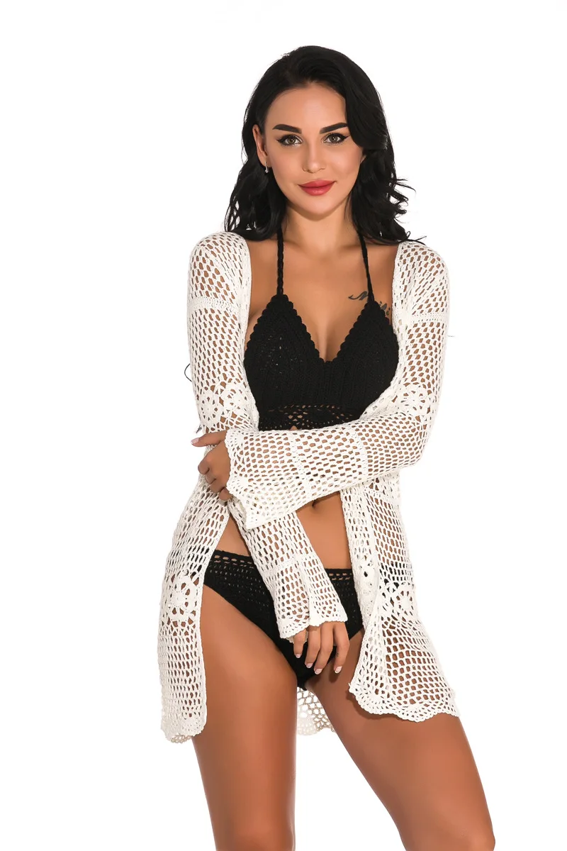 Veste de bikini de plage longue à bretelles ajourées, cardigan à flux sexy, chemisier de protection solaire, mode européenne et américaine, 2019