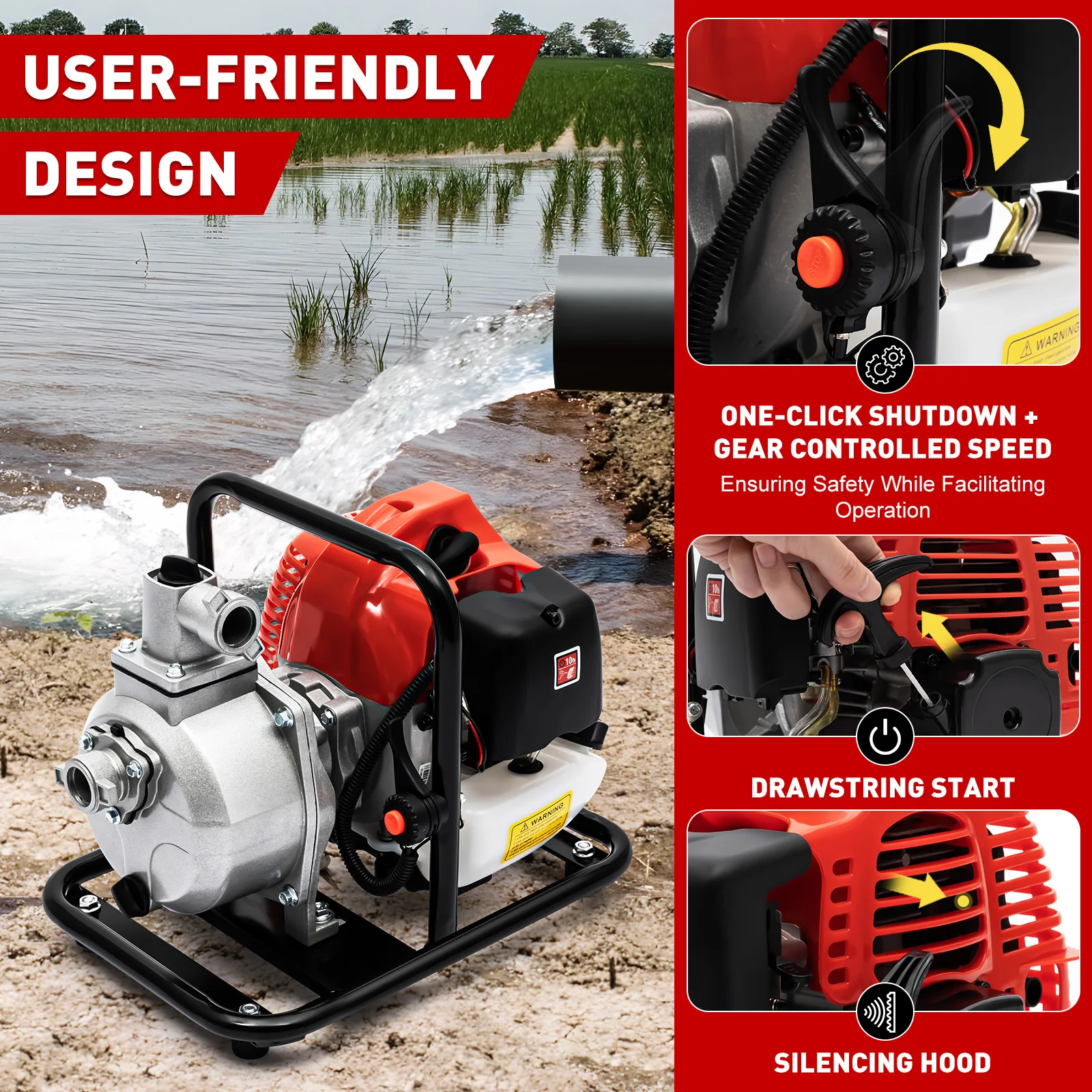 

Gasoline Water Pump 2-Stroke Portable Gasoline Engine Trash Pump 20m Lift Powerful Engine Water Transfer Pump 26.25ft Suction