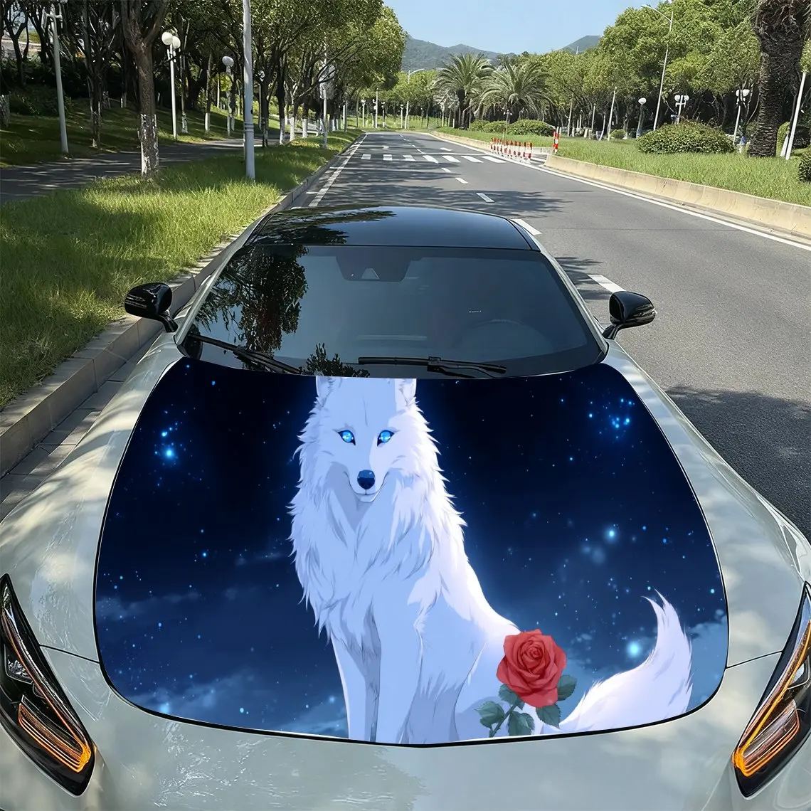 

Romantic White Wolf Red Rose Starry PVC Car Hood Wraps, Self-Adhesive Waterproof Car Bonnet Decal Sticker, Car Decoration Protec