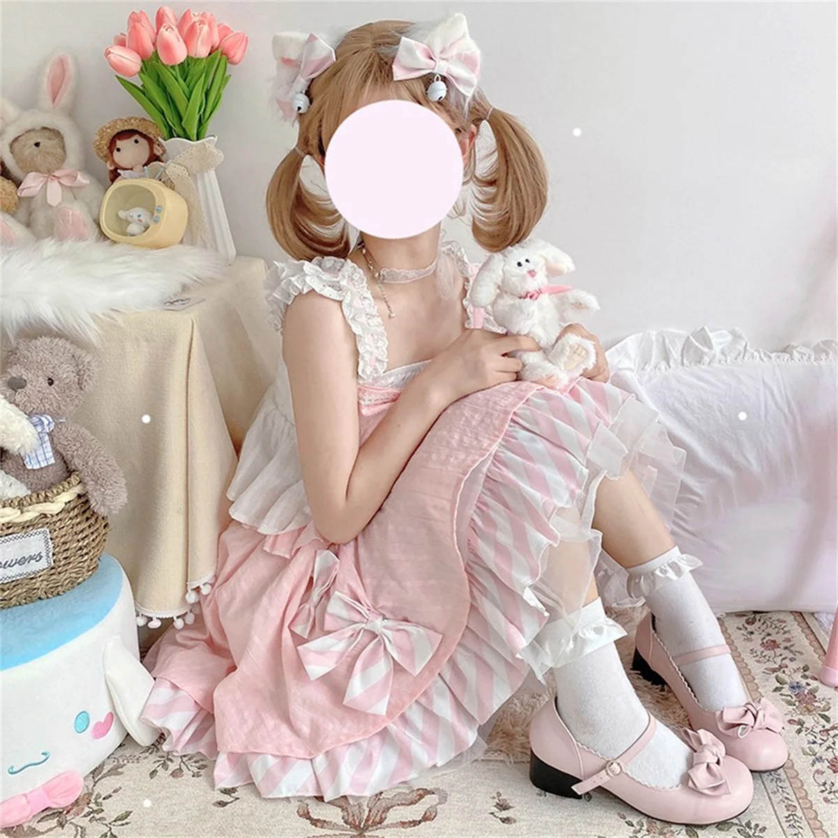 Robe de gâteau dos nu en dentelle à volants pour filles, nœud rayé mignon, griffe de chat en peluche, Lolita Jsk, Kawaii Sweet Loli, Cosplay de style japonais