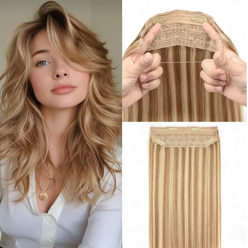 

One Piece Fish Line Extensions Human Hair 12-26 inch #1B For A Quality Assured Hair Weft