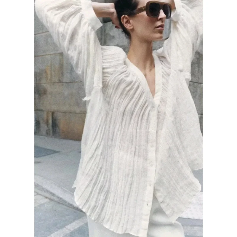 Lente Nieuwe Lazy Sle V-Ne Lange Sve Geplooide Losse Blend irt Polyestervezel 00% Bubble Sve Midi Lengte irt