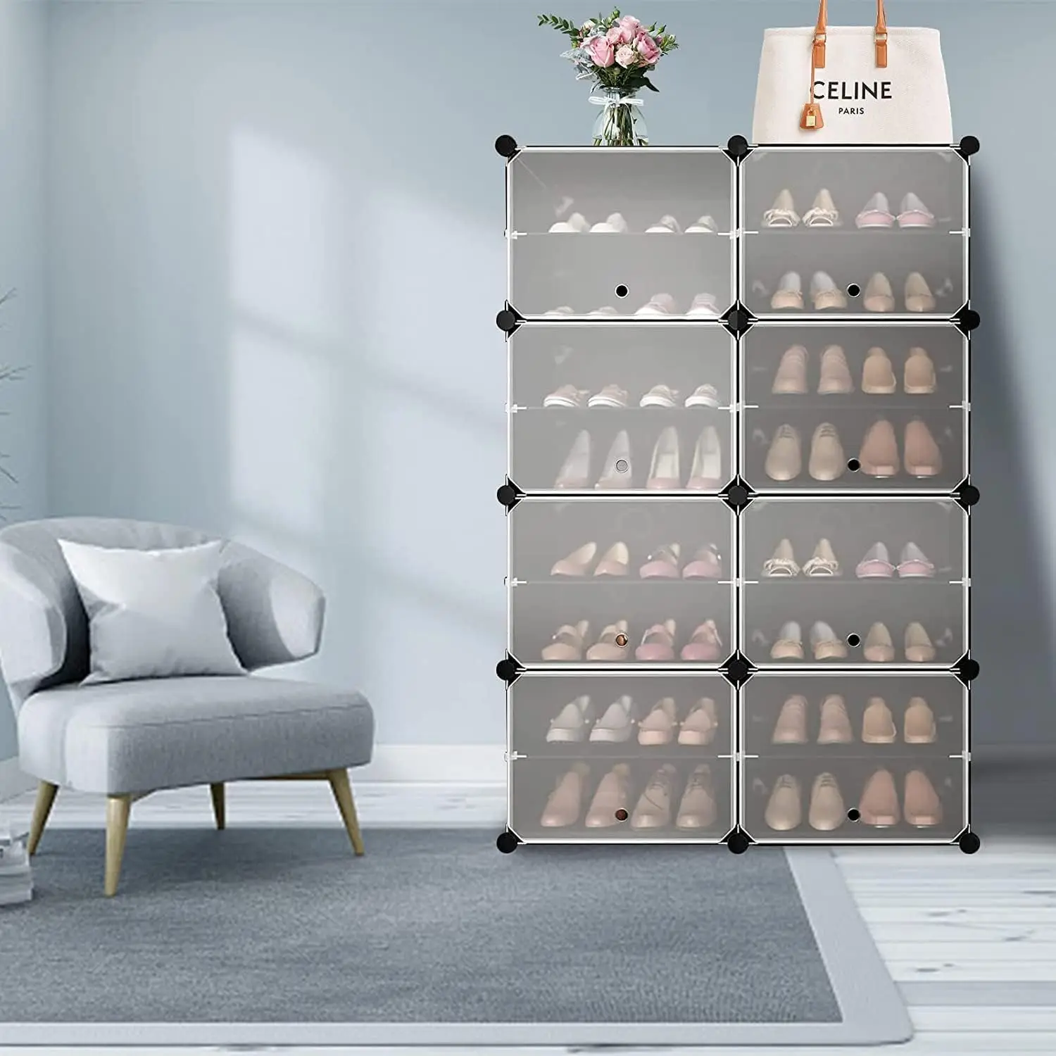 Shoe Rack Organizer 8 Tier Shoe Storage Cabinet 32 Pairs Covered Shoe Rack with Door Expandable Free Standing Stackable Space