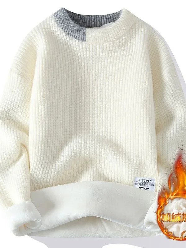 

Мужской теплый зимний свитер свободного кроя с круглым вырезом, на флисовой подкладке, из мягкой комфортной трикотажной ткани, с длинными рукавами, базовый слой