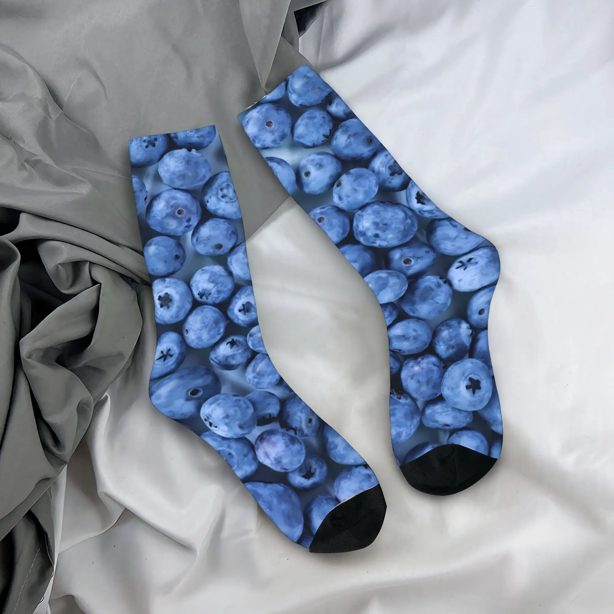 Unisex Men Socks Fruit Print solid light blue full blueberry Stockings Winter Retro High Quality Socks Sports Non-Slip Socks