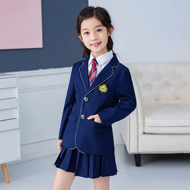 Boys School Uniform Girls Korean Navy Jacket Skirt Shirt Tie Suits Kids Formal Dress Tuxedo Clothes Sets Child Students Outfits