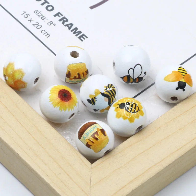 10pcs 15mm Round Mixed Bee Series Wood Beads DIY Custom Wooden Decoration Crafts Kids Toys Jewelry Bracelet Accessories Material